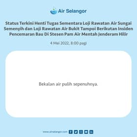Bekalan air di 472 kawasan pulih sepenuhnya pagi ini