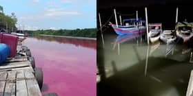 Lori tangki dengan sisa buangan punca Sungai Chandong bertukar merah