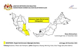 Hujan berterusan tahap waspada diramal di Pahang, Johor hingga esok