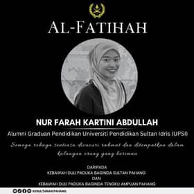 Sultan Pahang, Tengku Ampuan ucap takziah kepada keluarga Nur Farah Kartini