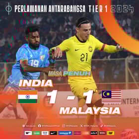 Harimau Malaya seri 1-1 dengan India pada aksi antarabangsa di Hyderabad