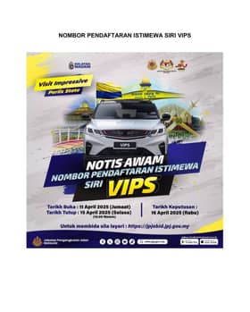 Bidaan nombor pendaftaran istimewa siri VIPS dibuka esok hingga 15 April
