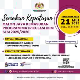 KPM: Semakan keputusan program matrikulasi sesi 2025/2026 mulai hari ini