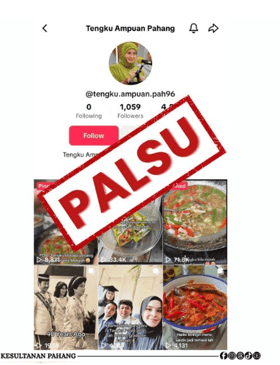 துங்கு அசிசா அமினா மைமுனா இஸ்கண்டாரியா என்ற பெயரில் பரவும் போலி டிக்டாக் கணக்கு