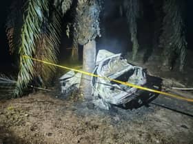Dua rentung kereta terbakar selepas rempuh pokok sawit 