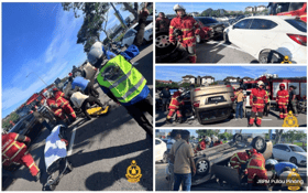 疑失控撞路边2车  轿车翻覆.男司机受伤