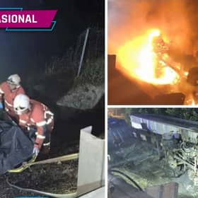 Pemandu rentung lori kontena terbakar di Lebuhraya Plus 