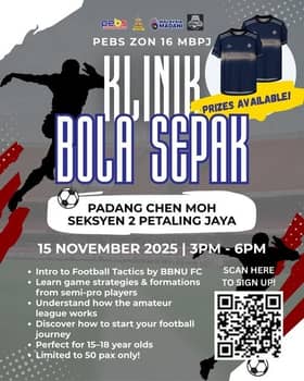 இளைஞர்களுக்காக பெட்டாலிங் ஜெயாவில் கால்பந்து பயிற்சி முகாம்: நவம்பர் 15ஆம் தேதி  நடைபெறுகிறது