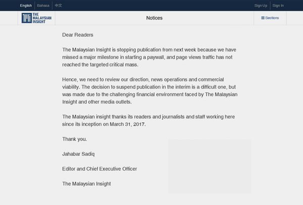 Portal Malaysian Insight gantung penerbitan minggu depan