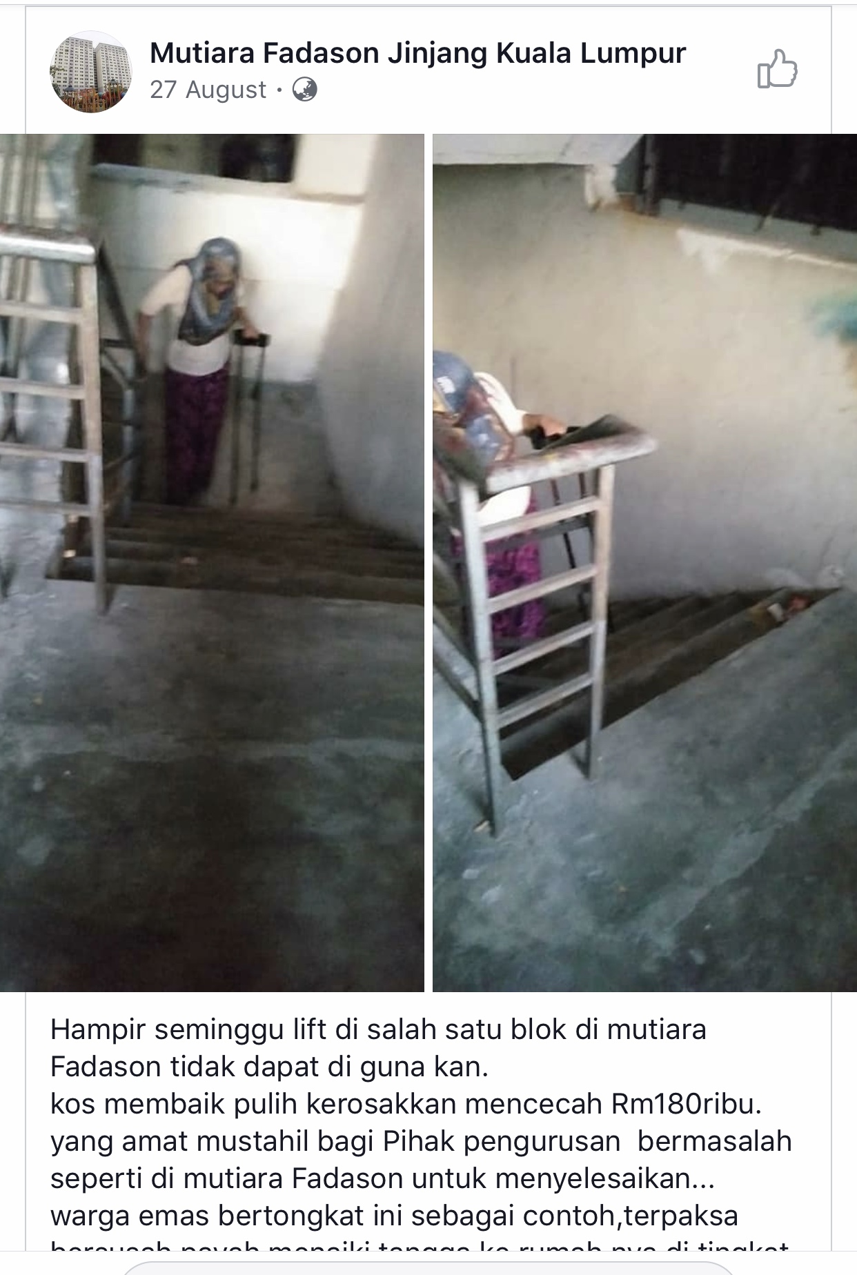 Ahli Parlimen sumbang RM20,000 baiki lif rosak