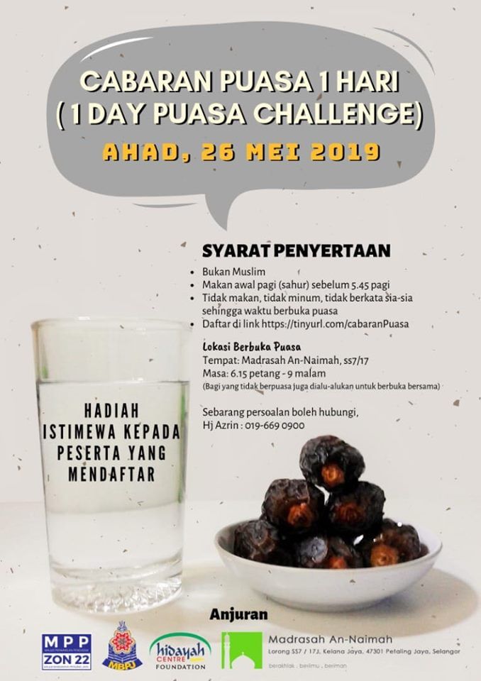 Cabaran Puasa 1 Hari untuk bukan Islam Ahad ini