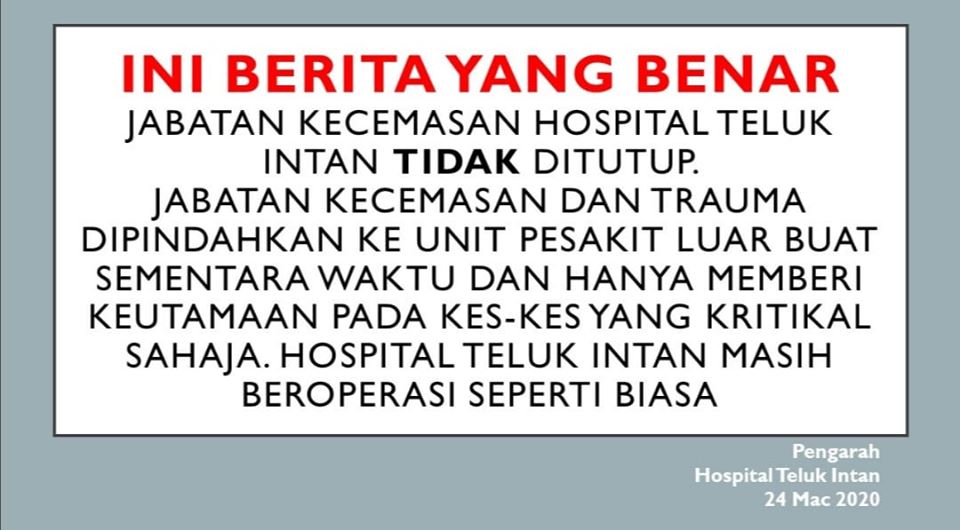 Hospital Teluk Intan terus beroperasi, terkawal