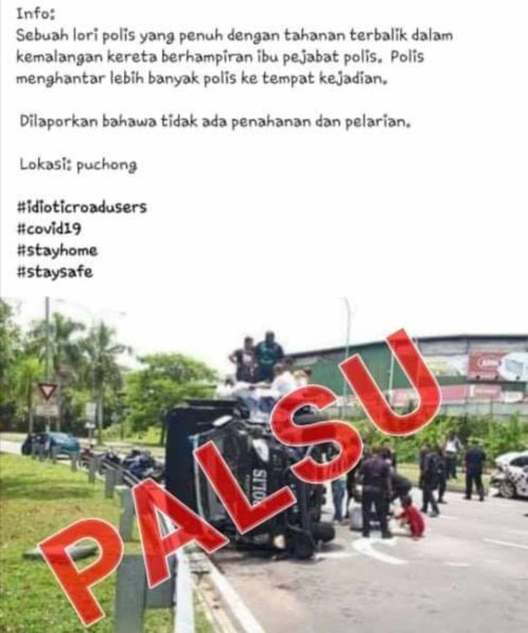 Polis nafi trak bawa individu ingkar PKP terbalik di Puchong