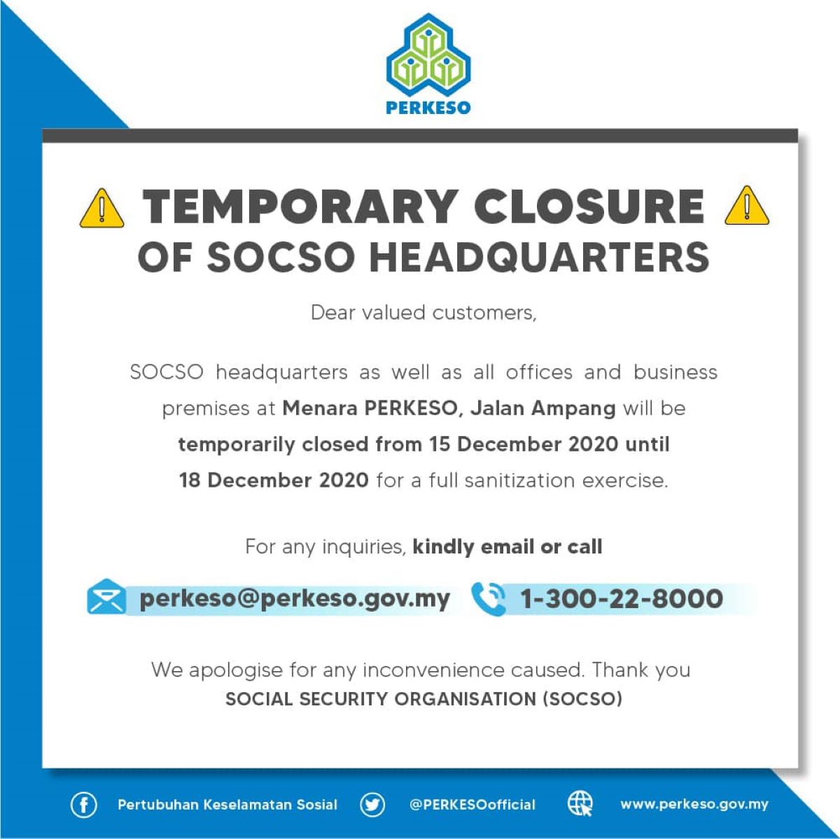 Covid-19: Menara Socso shuts down until Friday for sanitisation