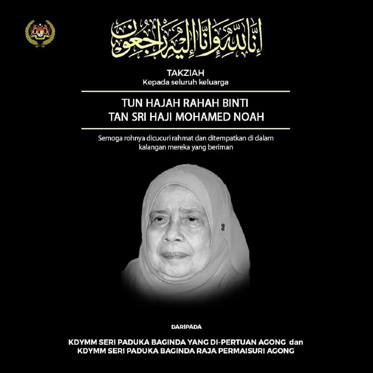 Agong, Raja Permaisuri express condolences to Tun Rahah's family