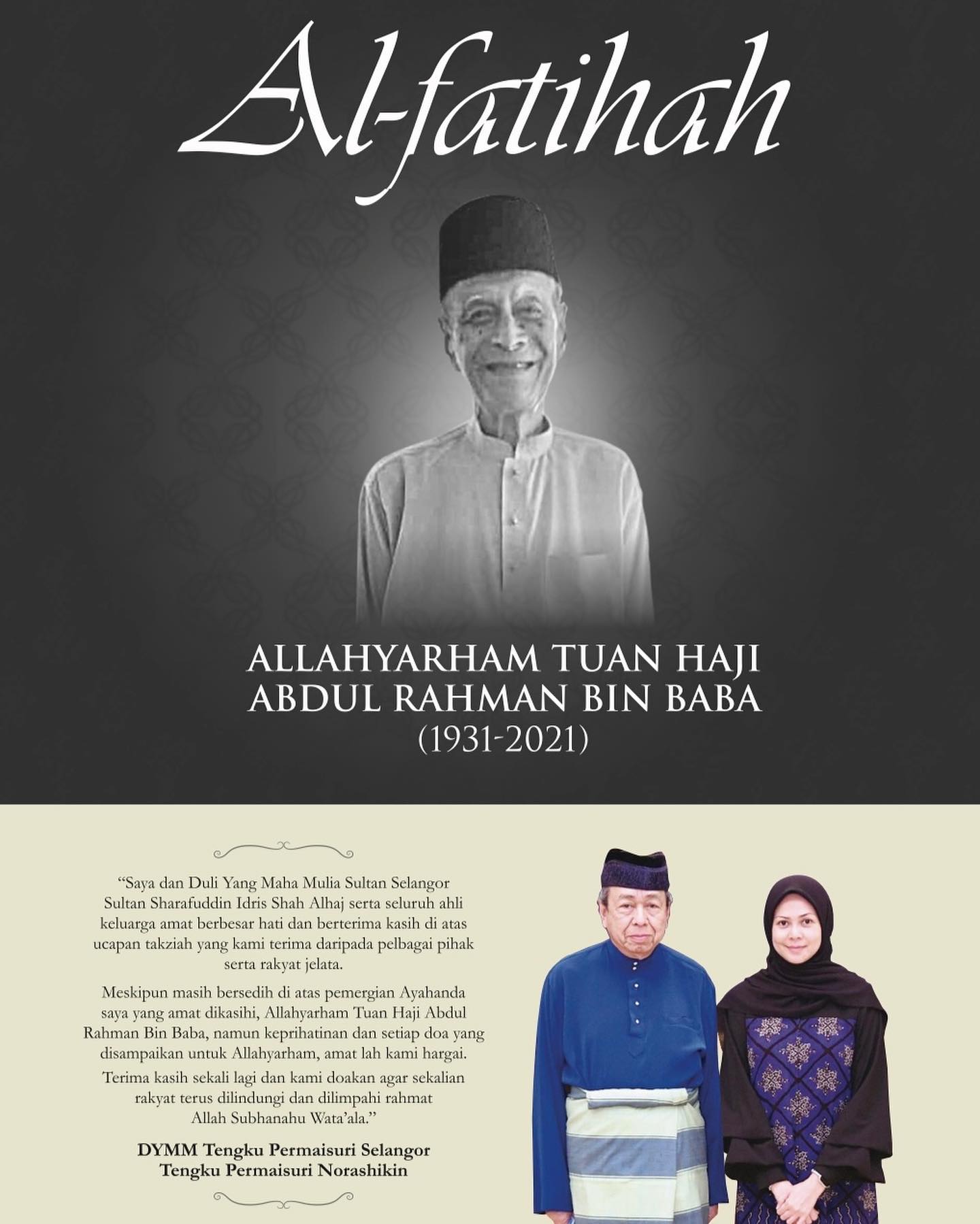Tengku Permaisuri Selangor thanks the people for condolence messages