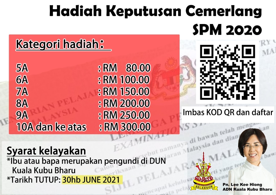 Hadiah wang tunai untuk calon SPM cemerlang di Kuala Kubu Bharu
