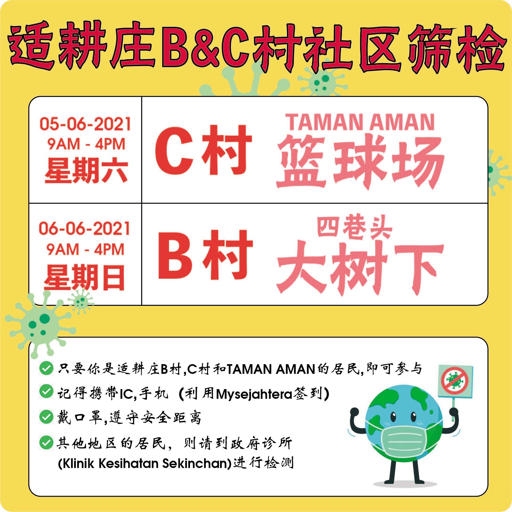 适耕庄B． C村本周六日办免费筛检 截断社区感染链