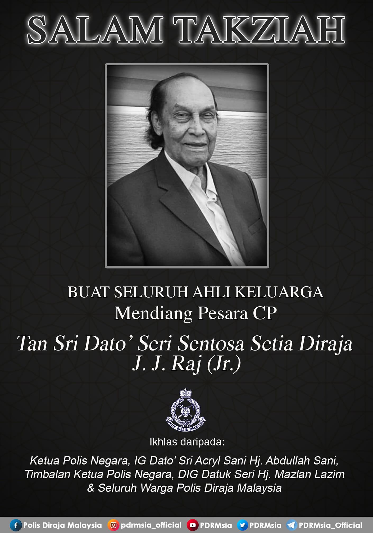 Pesara polis Tan Sri JJ Raj meninggal dunia
