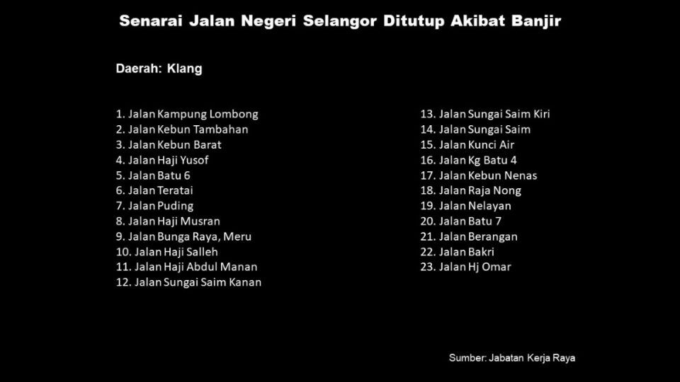 சிலாங்கூரில் மூடப்பட்டுள்ள சாலைகளின்  பட்டியல்