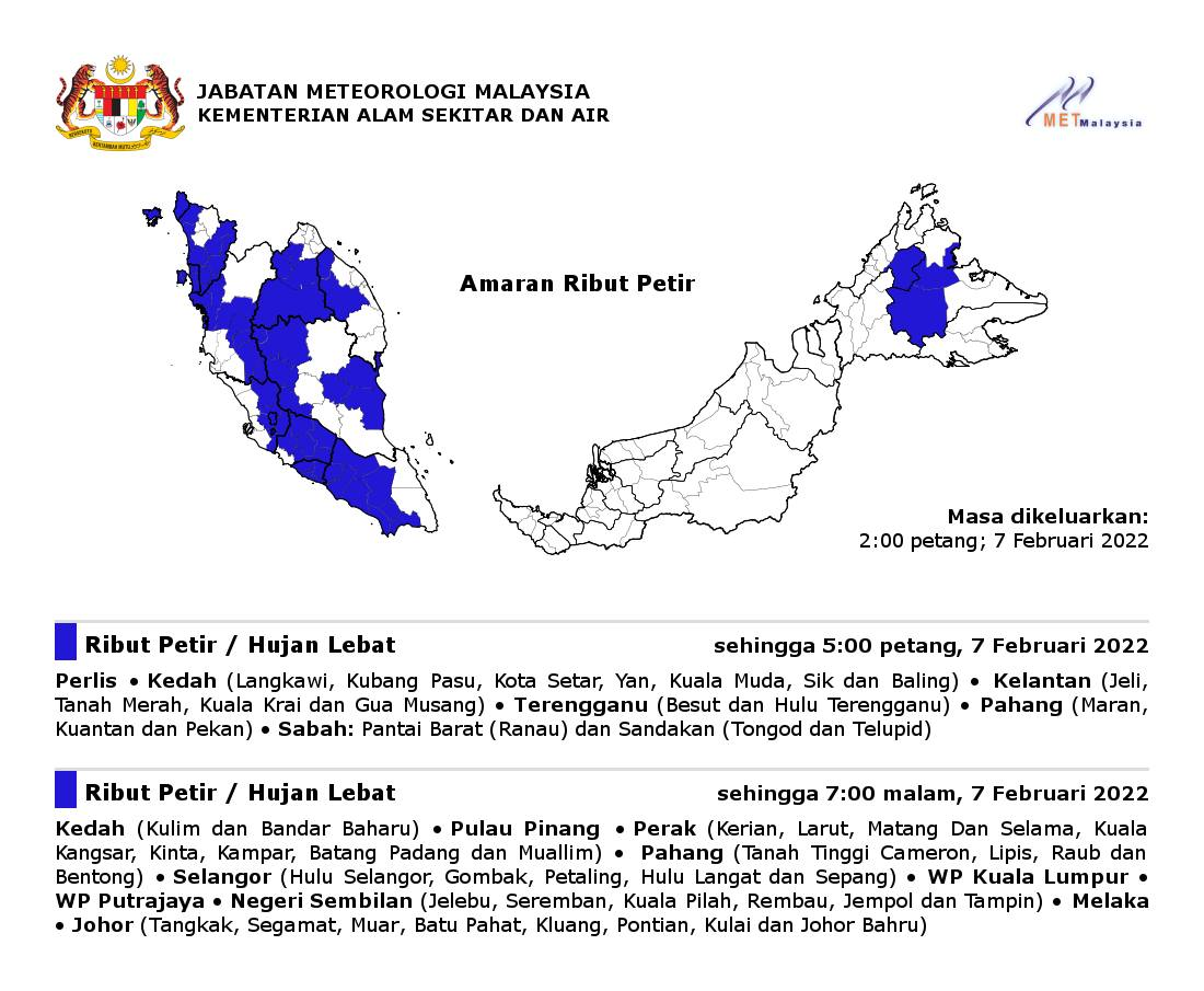 Lima daerah di Selangor dijangka alami ribut petir, hujan lebat