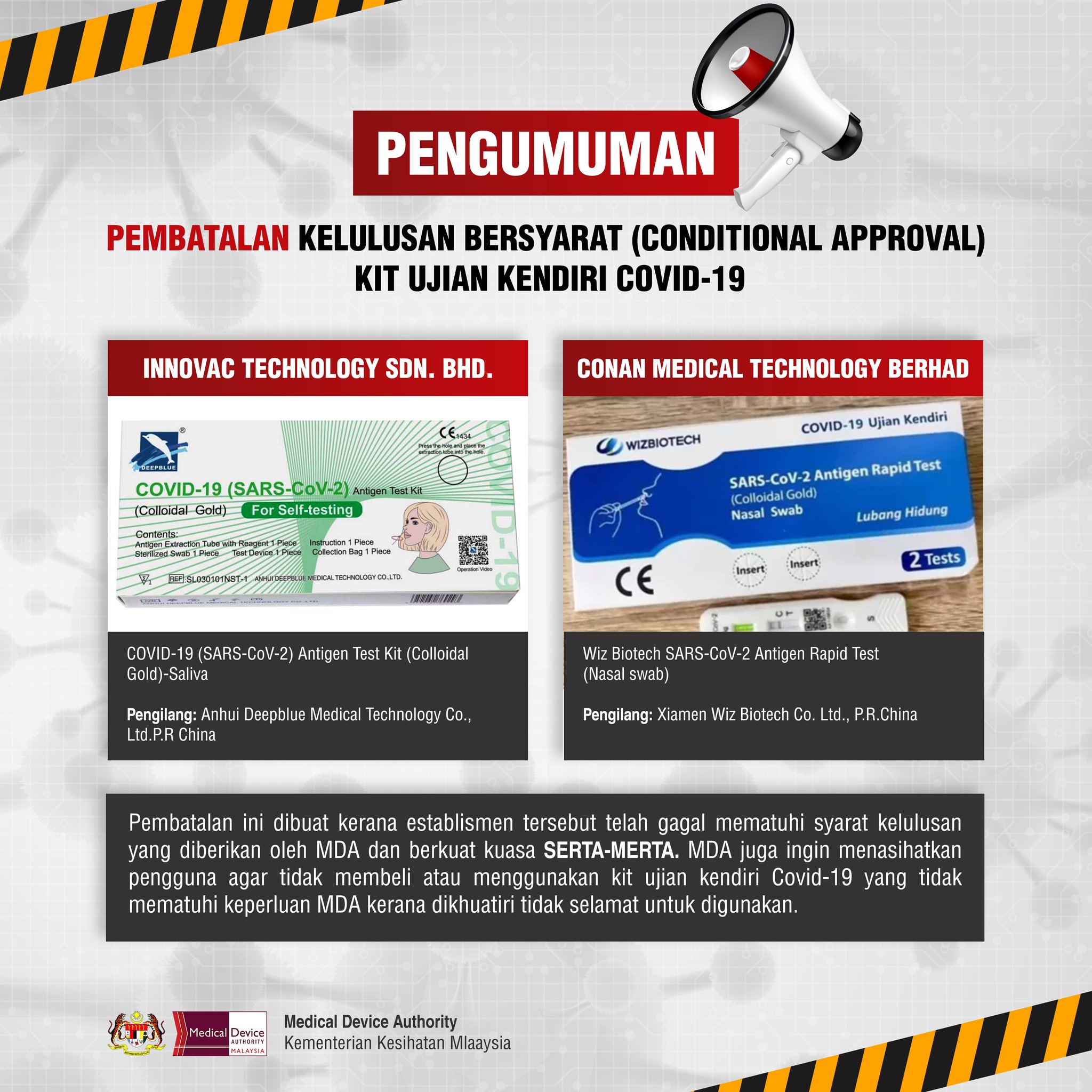 Dua kit ujian Covid-19 gagal patuhi syarat dibatal kelulusan serta-merta