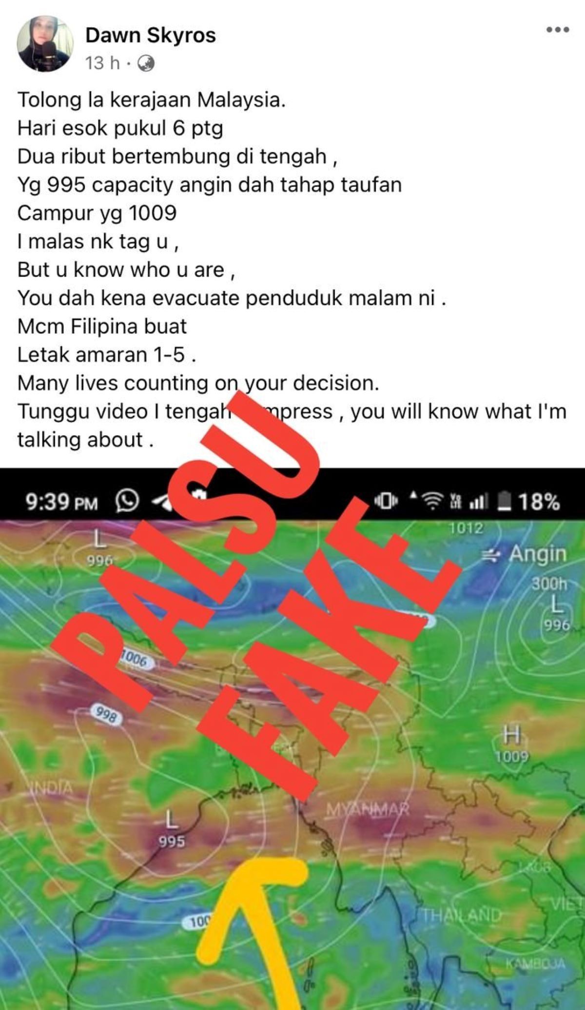 MetMalaysia: Maklumat dua ribut bertembung yang tular di media sosial adalah palsu