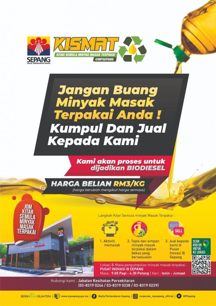 பயன்படுத்திய சமையல் எண்ணெயை தூக்கி எறிய வேண்டாம், ஒரு கிலோ எண்ணெயை RM3 விலையில் சிப்பாங் நகராட்சி மன்றம் வாங்க தயாராக உள்ளது