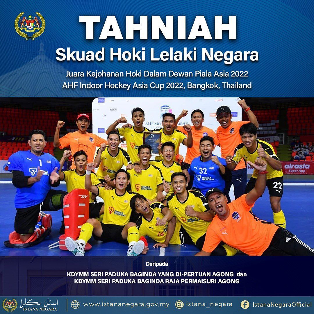 Agong, permaisuri ucap tahniah skuad lelaki negara juarai hoki dalam dewan Asia