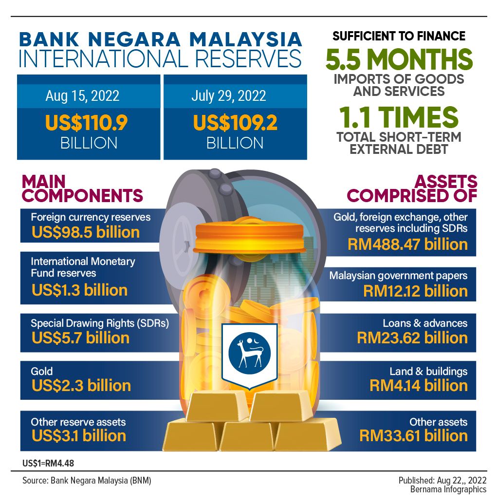 BNM's international reserves rise to US$110.9 bln as of Aug 15