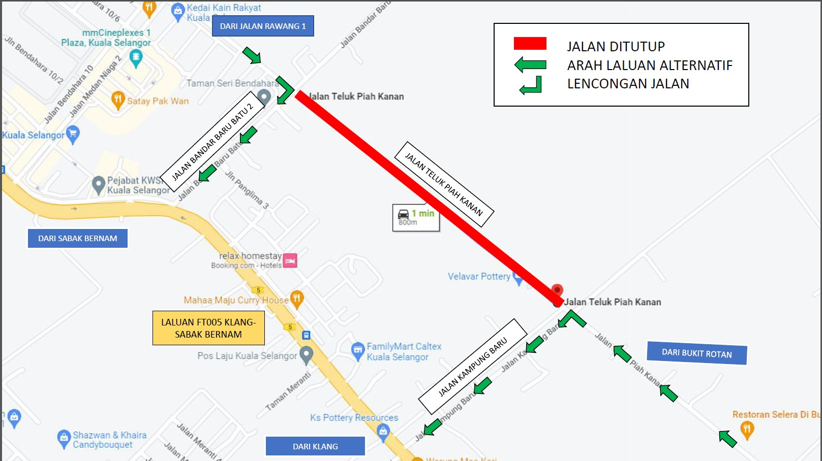 Jalan Teluk Piah Kanan, Kuala Selangor ditutup bagi kerja baik pulih