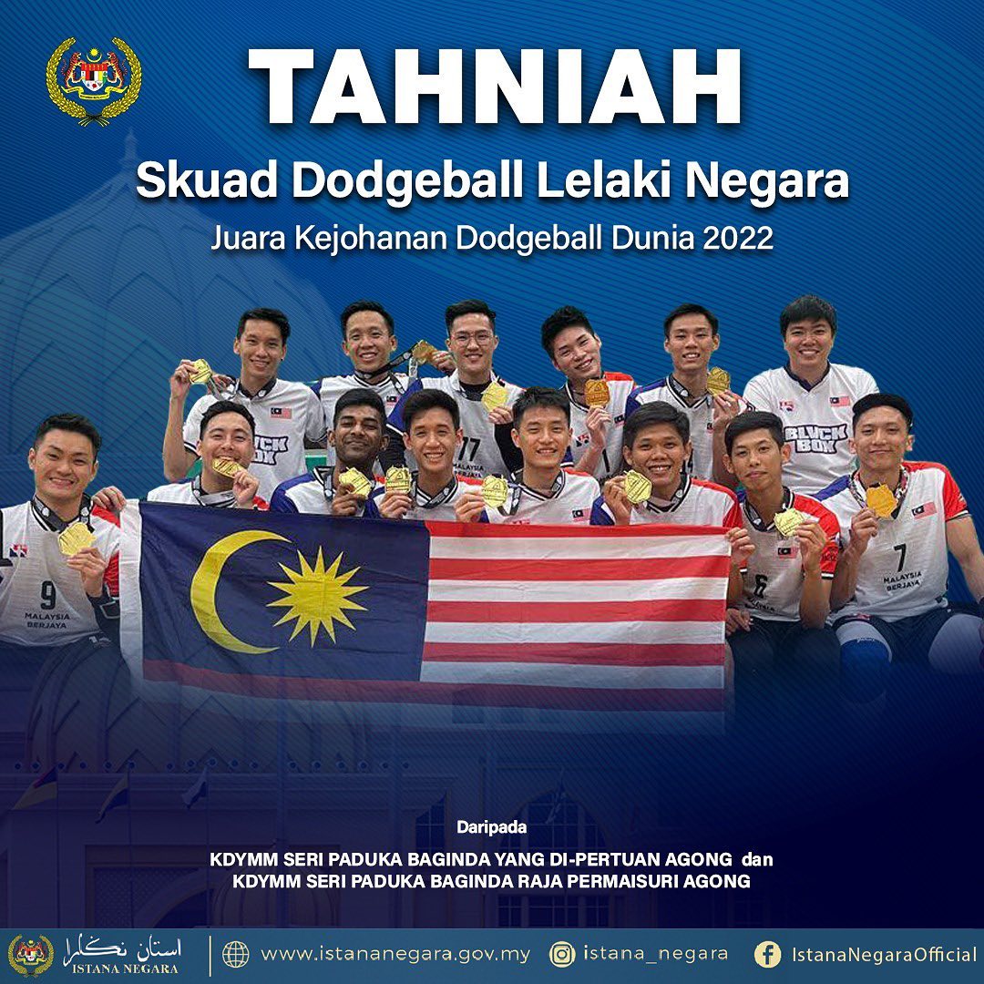 Agong, permaisuri ucap tahniah skuad lelaki negara juarai dodgeball dunia