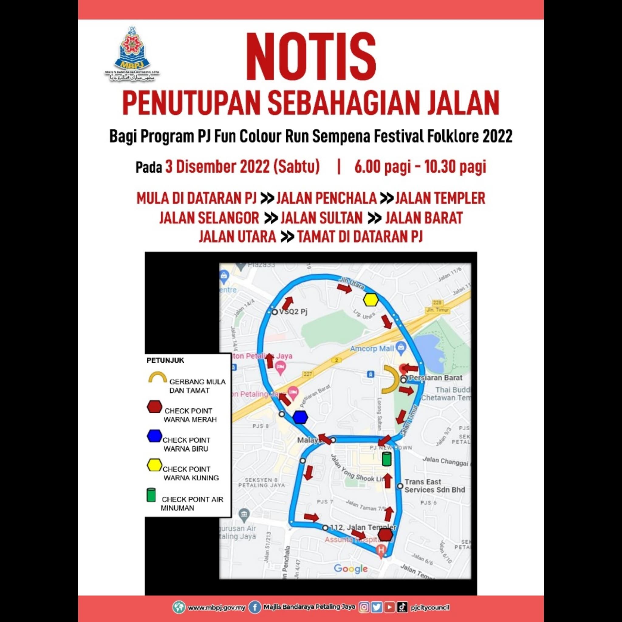 Tujuh jalan ditutup sempena Fun Colour Run MBPJ esok