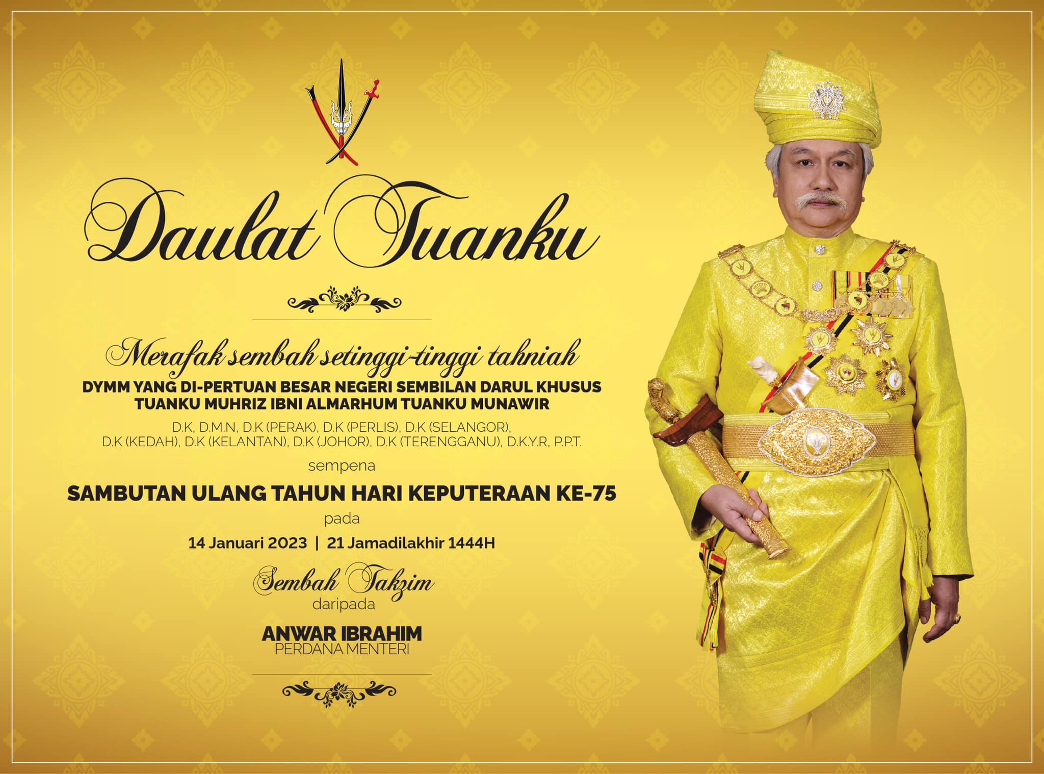 PM ucap tahniah sempena Hari Keputeraan Yang Dipertuan Besar Negeri Sembilan