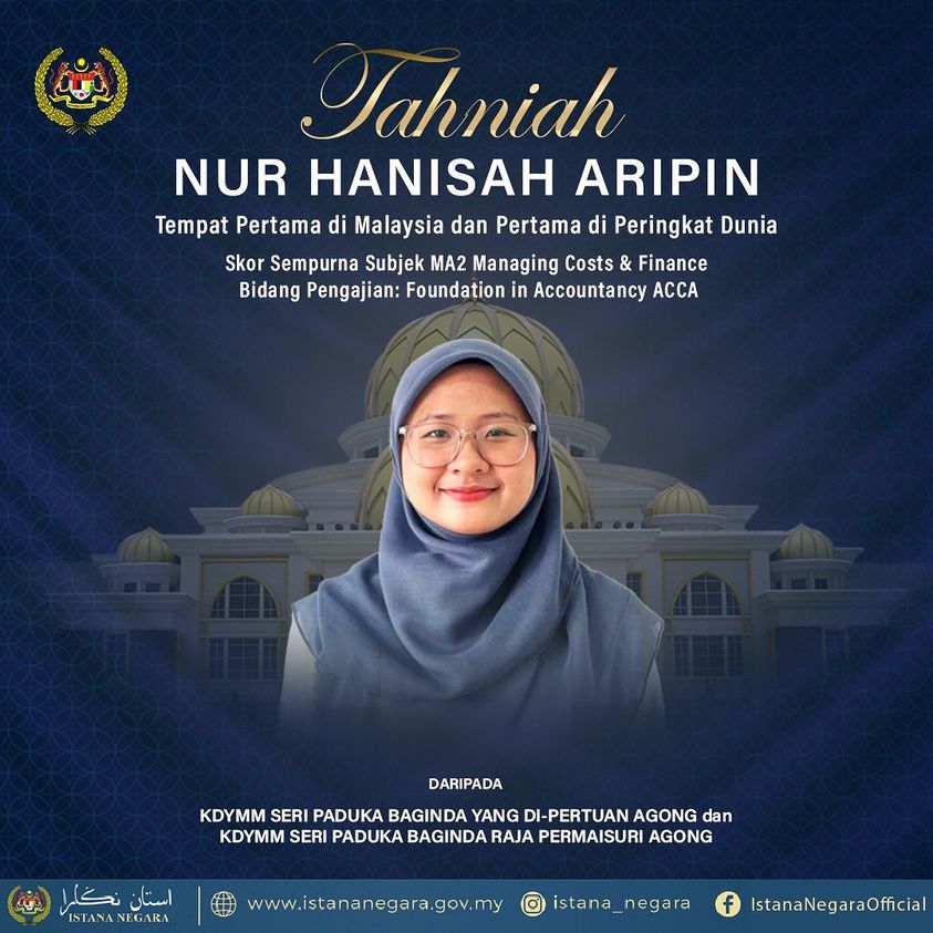 Agong, Permaisuri ucap tahniah, Nur Hanisah ungguli subjek urus kos dan kewangan peringkat dunia
