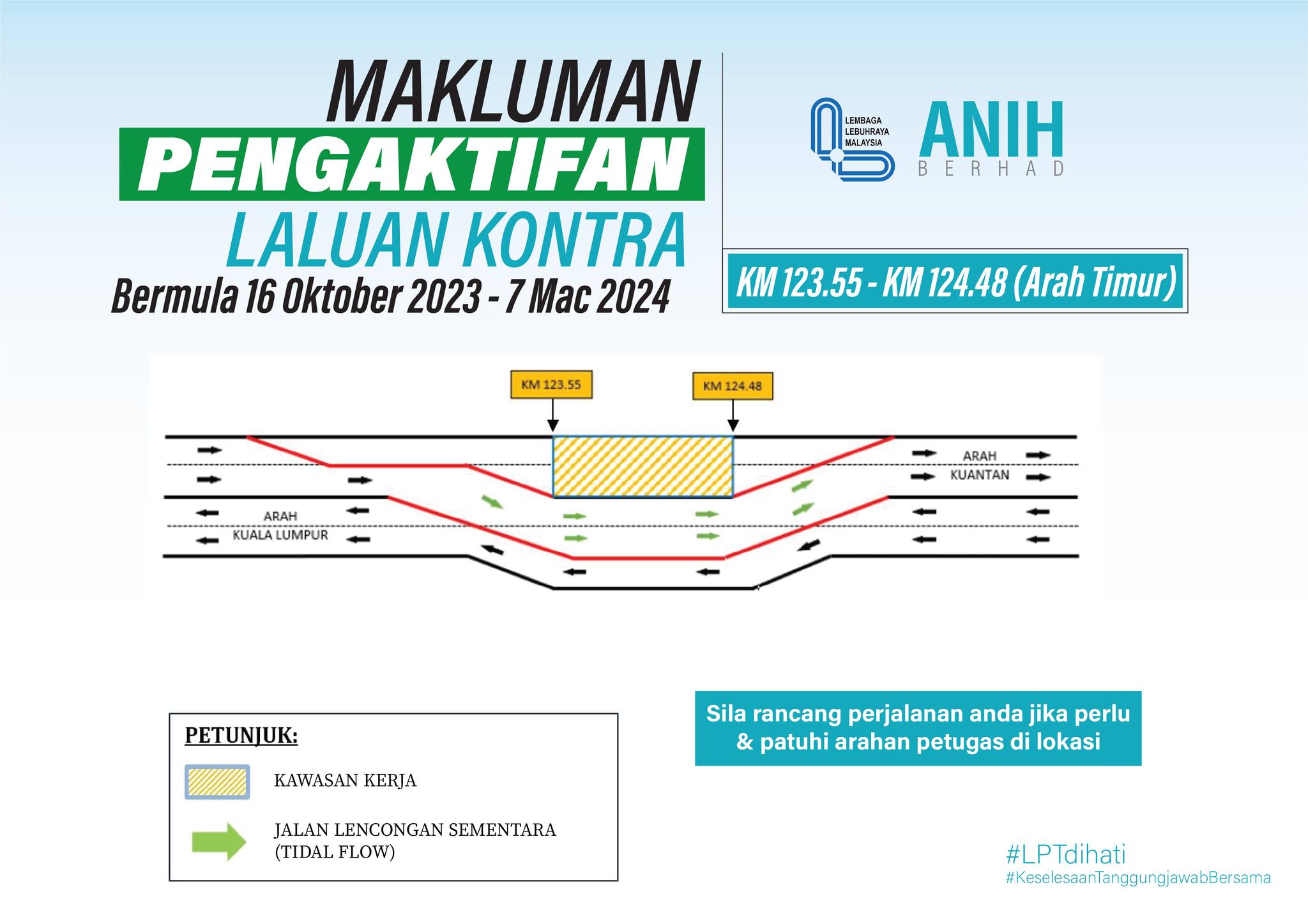 Laluan arah Timur KM124 LPT1 ditutup, laluan kontra diaktifkan