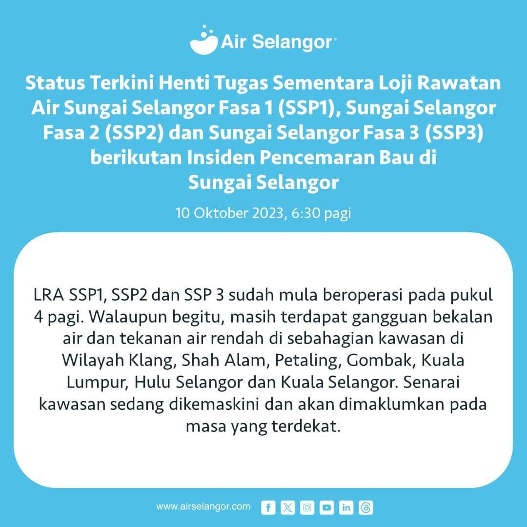 雪河异味污染4滤水站已恢复运作  惟雪州6县隆市面对制水低水压