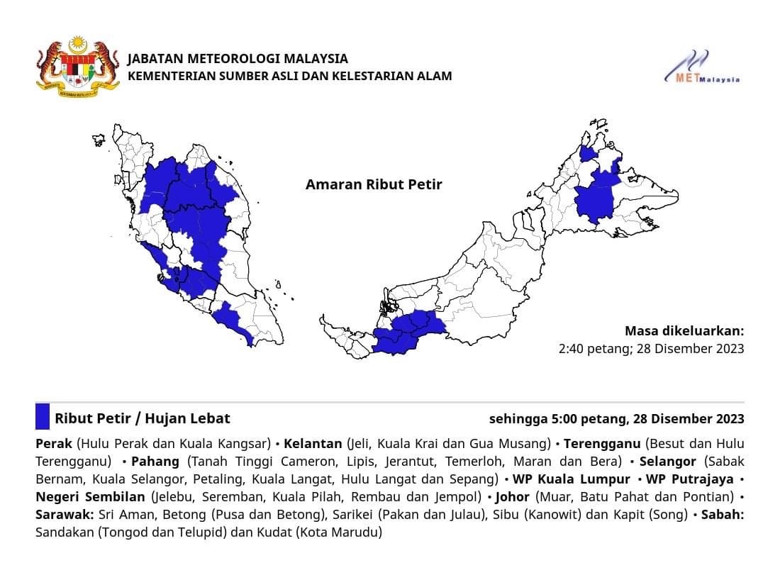 Hujan lebat diramal di Kuala Selangor, Petaling hingga 5 petang