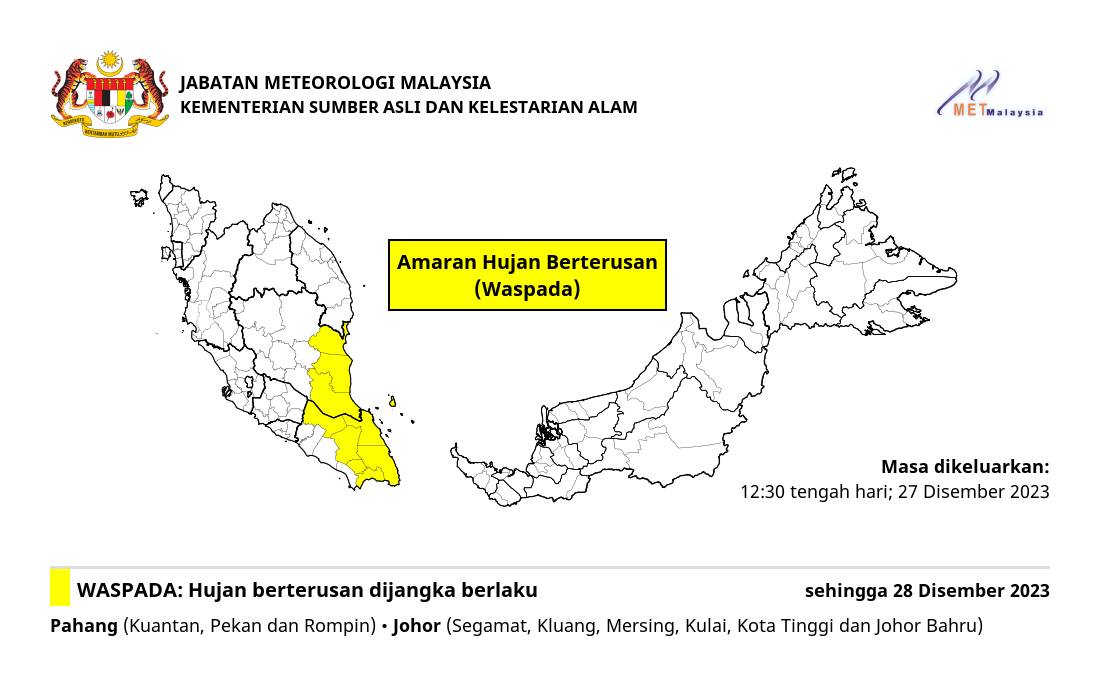 Hujan berterusan tahap waspada diramal di Pahang, Johor hingga esok