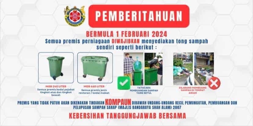 Rumah kedai, restoran wajib sediakan tong sampah sendiri mulai 1 Februari