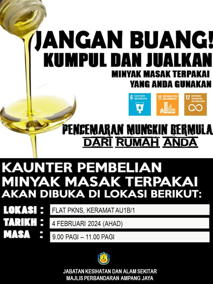 MPAJ buka kaunter kumpul minyak masak terpakai, e-sisa hujung minggu ini