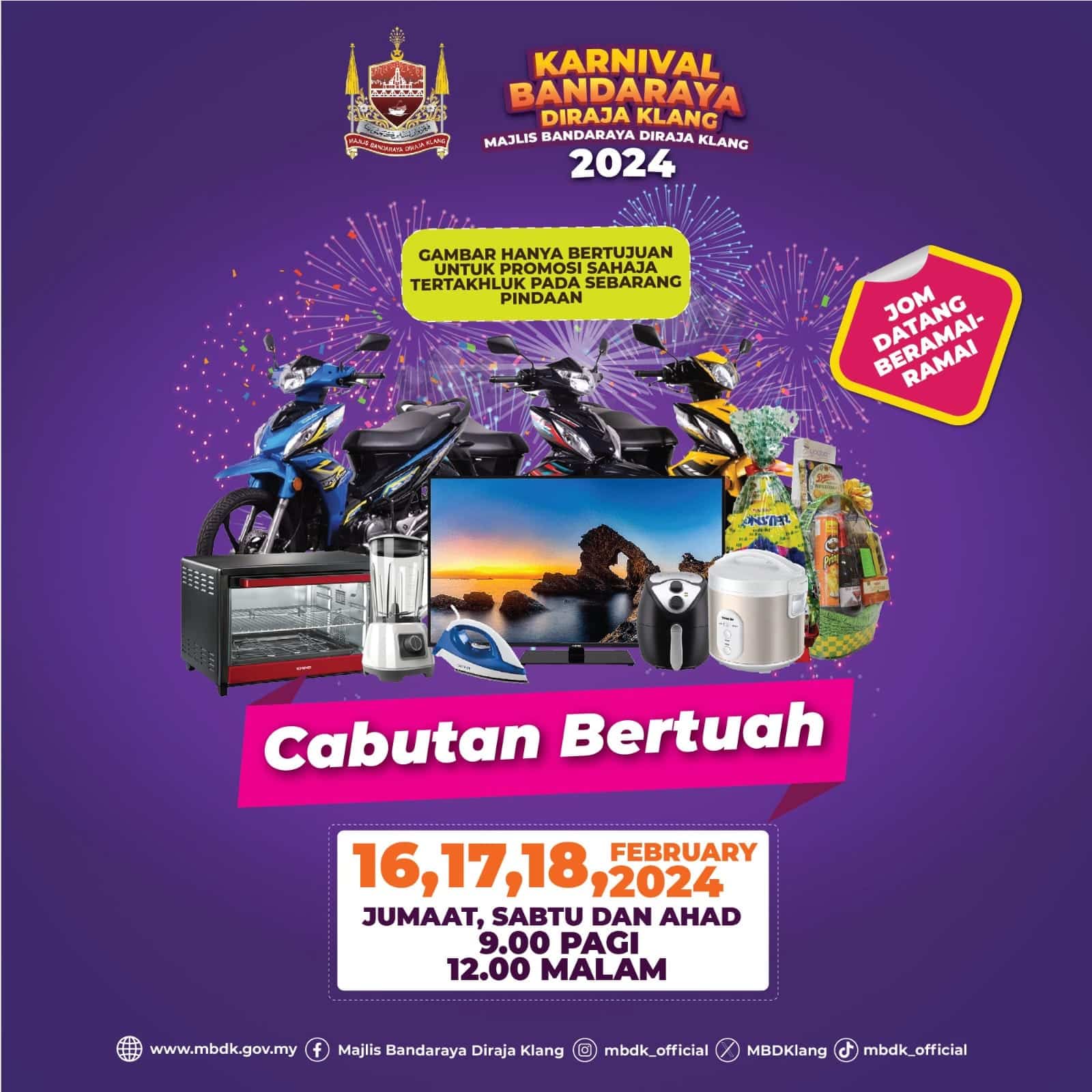 Orang ramai dipelawa hadir Karnival Bandaraya Diraja Klang dari 16 hingga 18 Februari