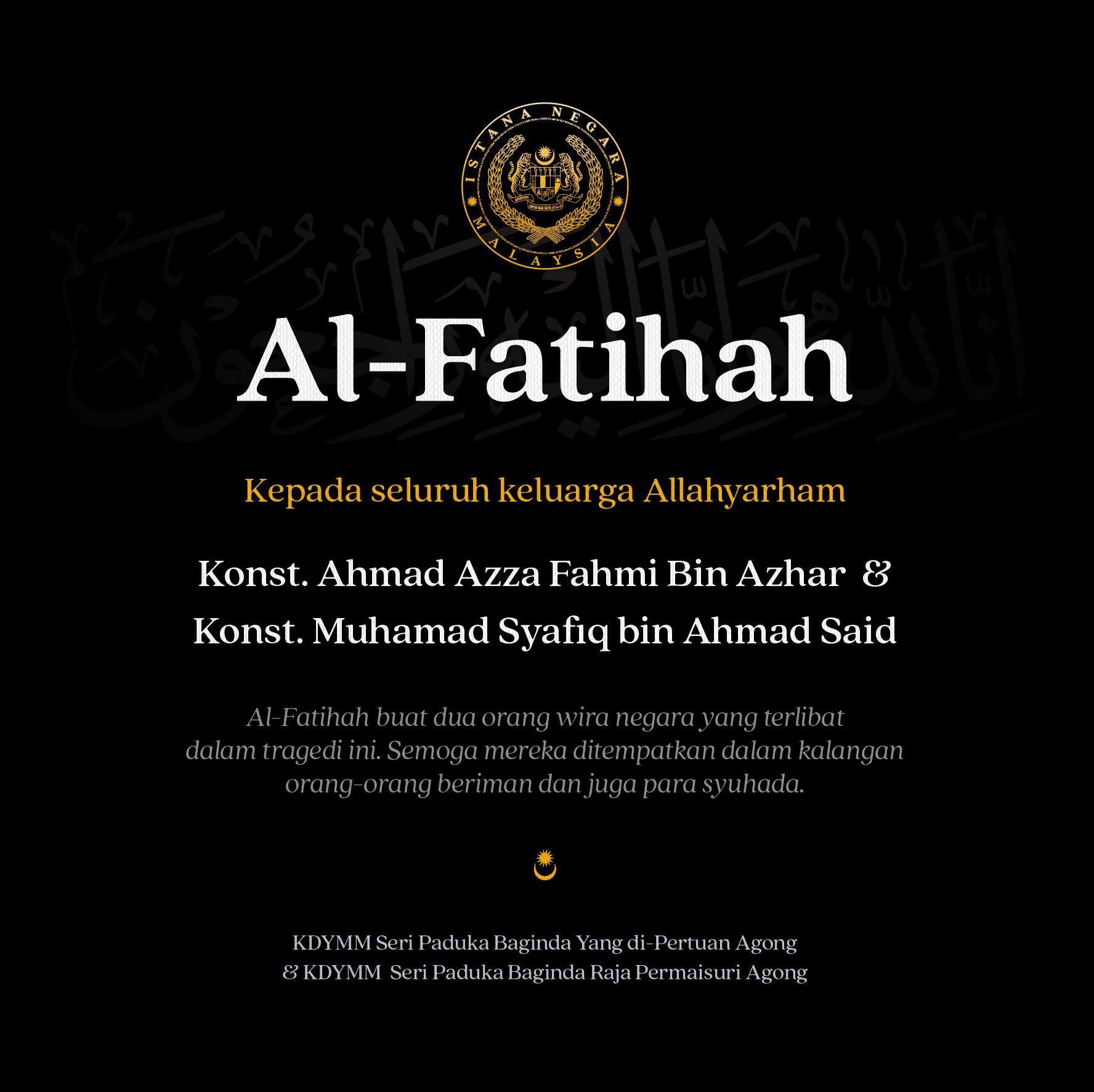 King conveys condolences to families of policemen killed in Ulu Tiram station attack