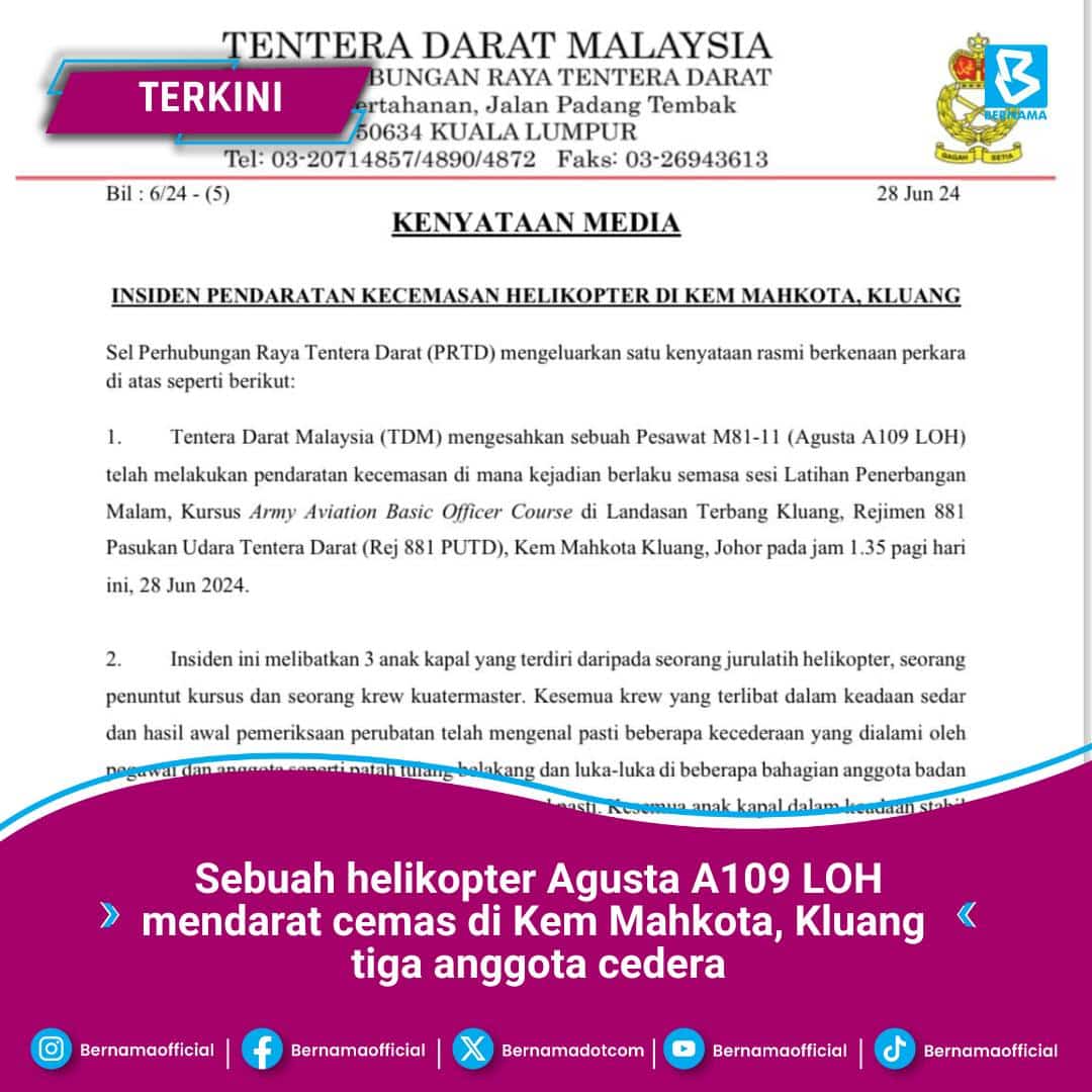 Helikopter tentera mendarat cemas di Kluang, tiga cedera