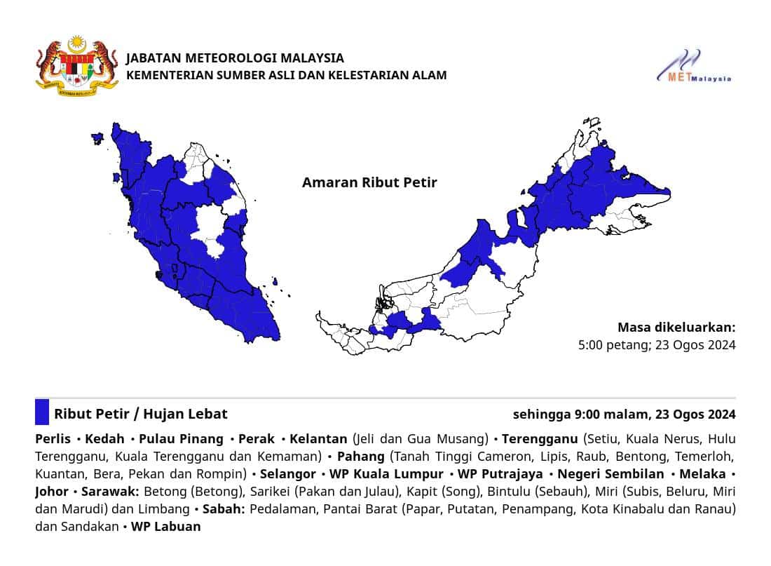Amaran cuaca buruk di banyak negeri termasuk Selangor hingga 9 malam