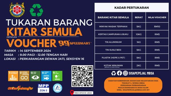 மறுசுழற்சி செய்யக்கூடிய பொருட்களை கொடுத்து பசார்ராயா 99 ஸ்பீட் மார்ட் வவுச்சர்களை பெற்று கொள்ளும் வாய்ப்பு