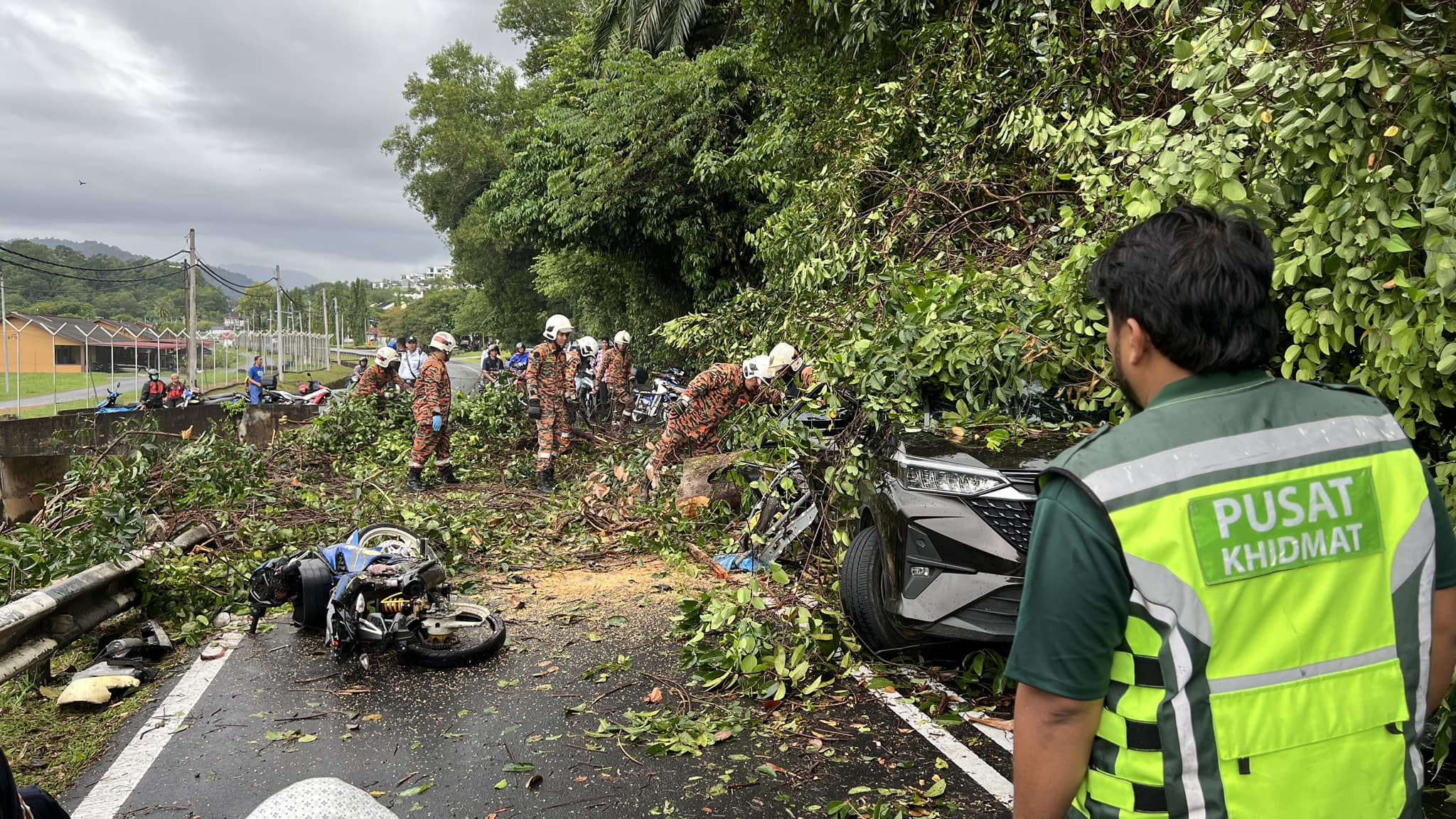 Dua beranak parah selepas pokok tumbang hempap kereta, motor