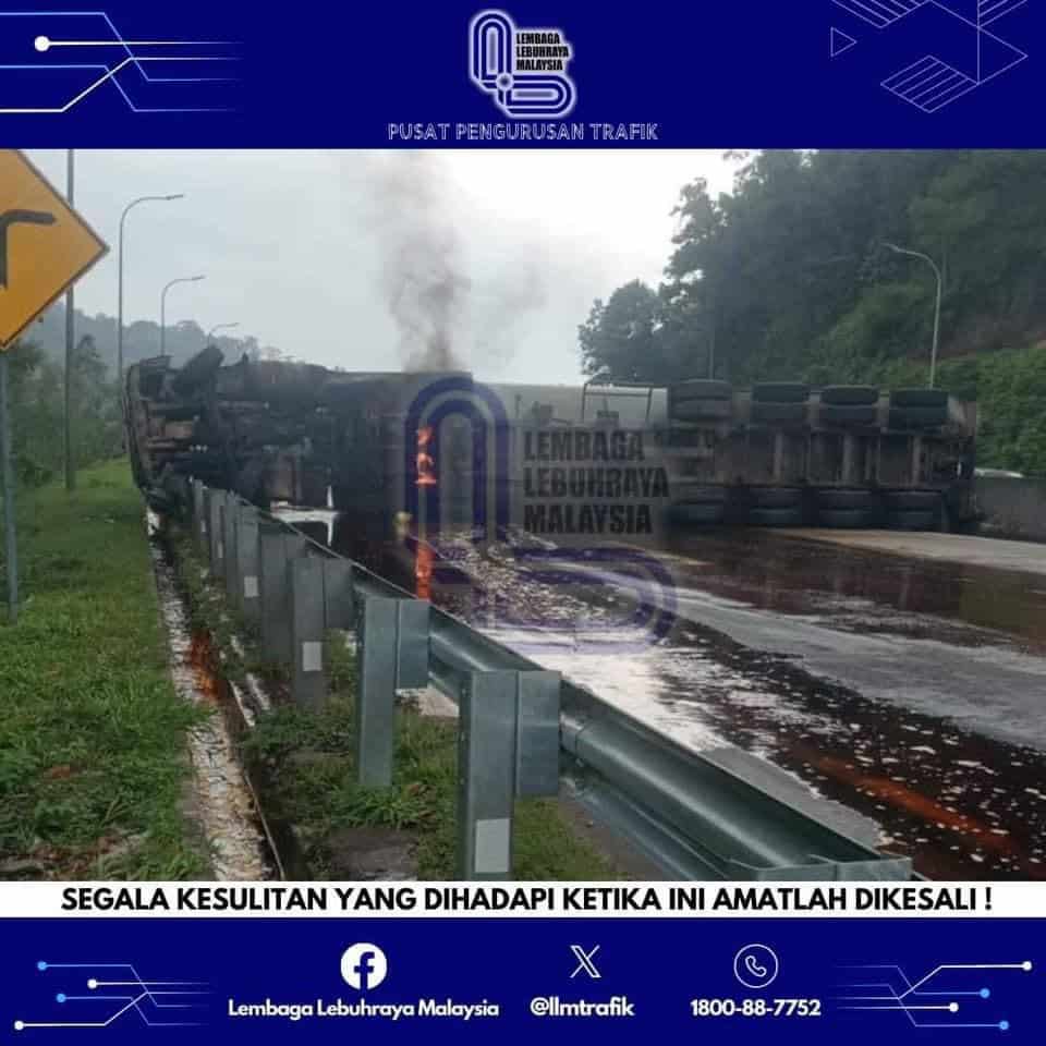 Lori tangki terbalik di Lebuhraya Kuala Lumpur-Karak, guna laluan alternatif