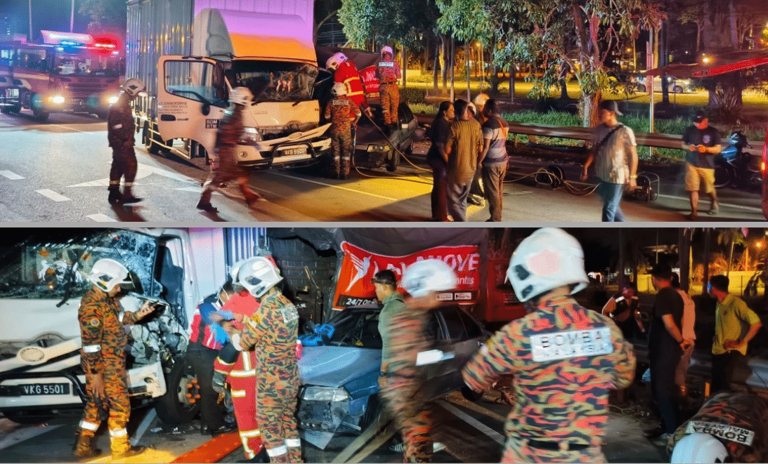 2罗里和轿车连环撞  6人轻伤.2人夹困脚受伤