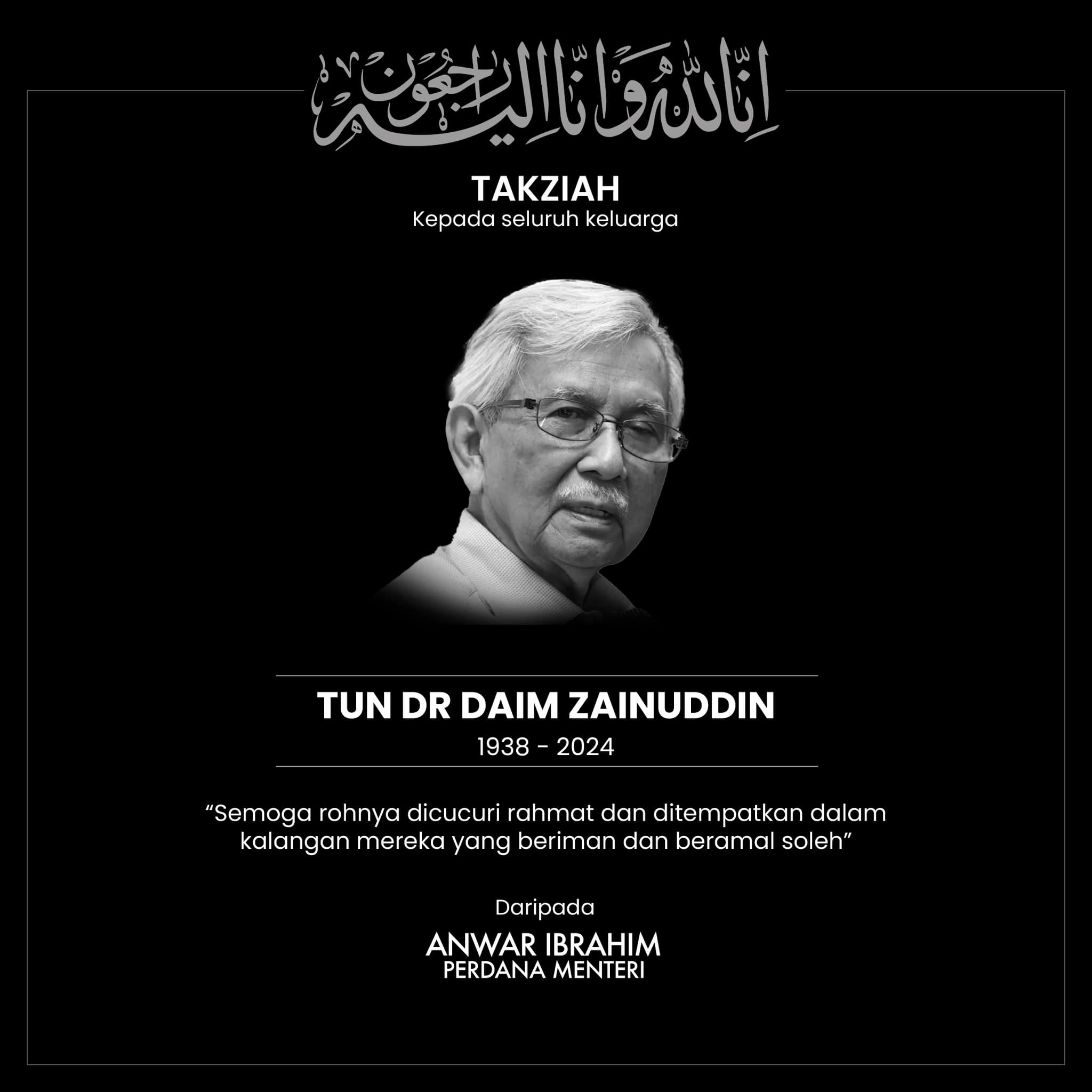 Anwar ucap takziah, jasa Allahyarham Daim diiktiraf negara
